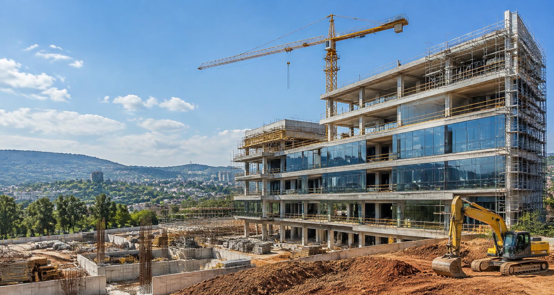 Illustrative construction site in Kigali with crane and excavator